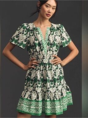 Anthropologie Somerset Cotton Mini Dress Size M Green Floral Holly